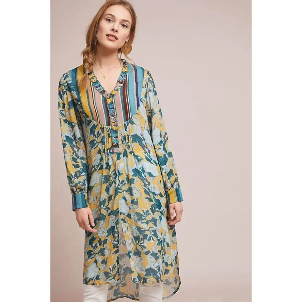 Anthropologie NWT Blank London Lucia Tunic Top in Blue Motif size Large